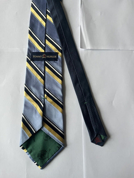 Vintage TOMMY HILFIGER TIE Silk Blue Gold Stripes Made in Usa Genuine 90's
