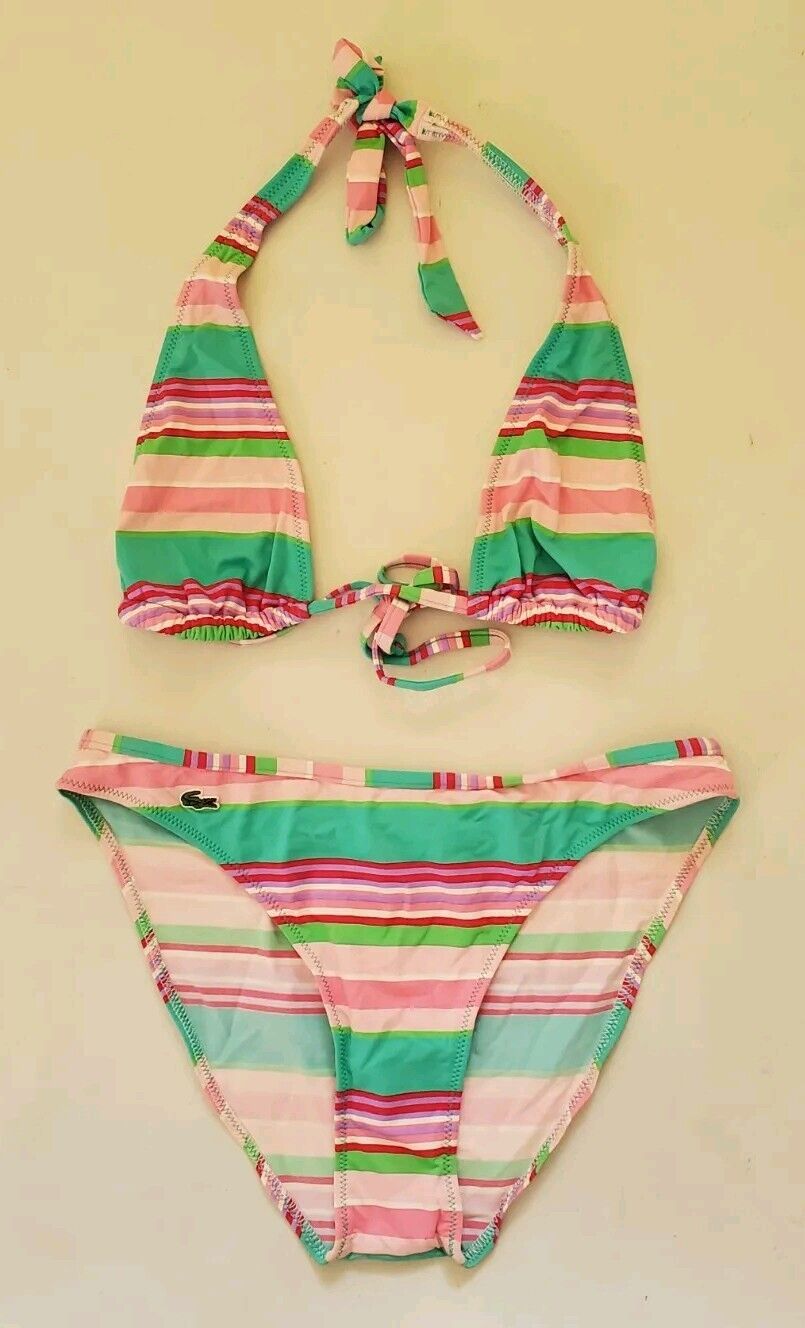 LACOSTE Bikini Swimsuit 2 Piece Halter Neck Size M Striped New With Pouch