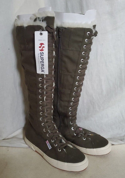 SUPERGA BOOTS Knee High Green Canvas Fur Lined Womens Uk 5.5 Eu 39 Rrp £160