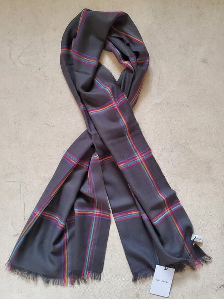 PAUL SMITH SCARF Mens Cashmere Wool Artist Check Grey Made in UK Rrp £165