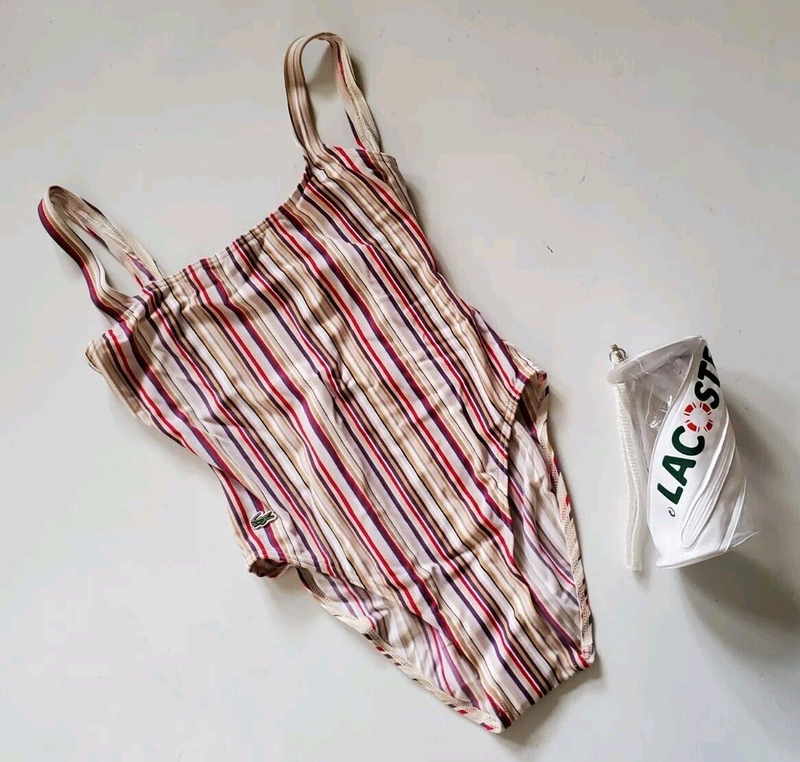 LACOSTE Swimsuit Swimming Costume 1 Piece Size XS Striped New With Pouch