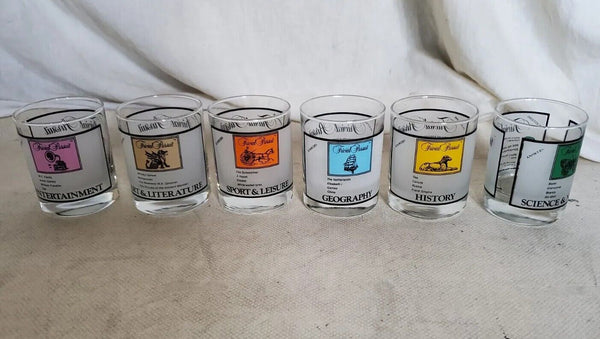 TRIVIAL PURSUIT GLASSES Tumblers Set Of 6 With Stirrers New Unused Vintage 80's