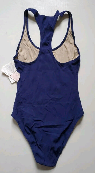 LACOSTE Swimsuit Swimming Costume 1 Piece Size M Blue Spellout New With Pouch